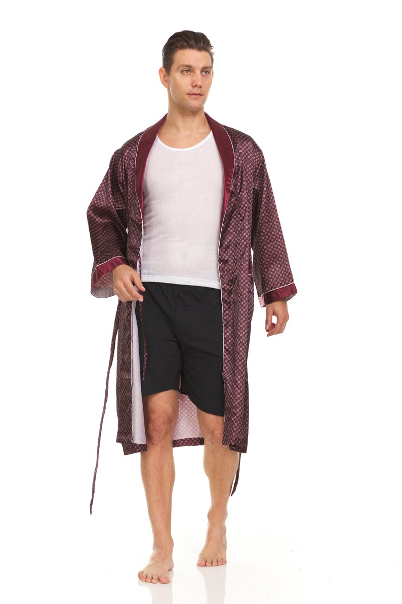 Mens Silk Satin Robe Burgundy Checker Etsy
