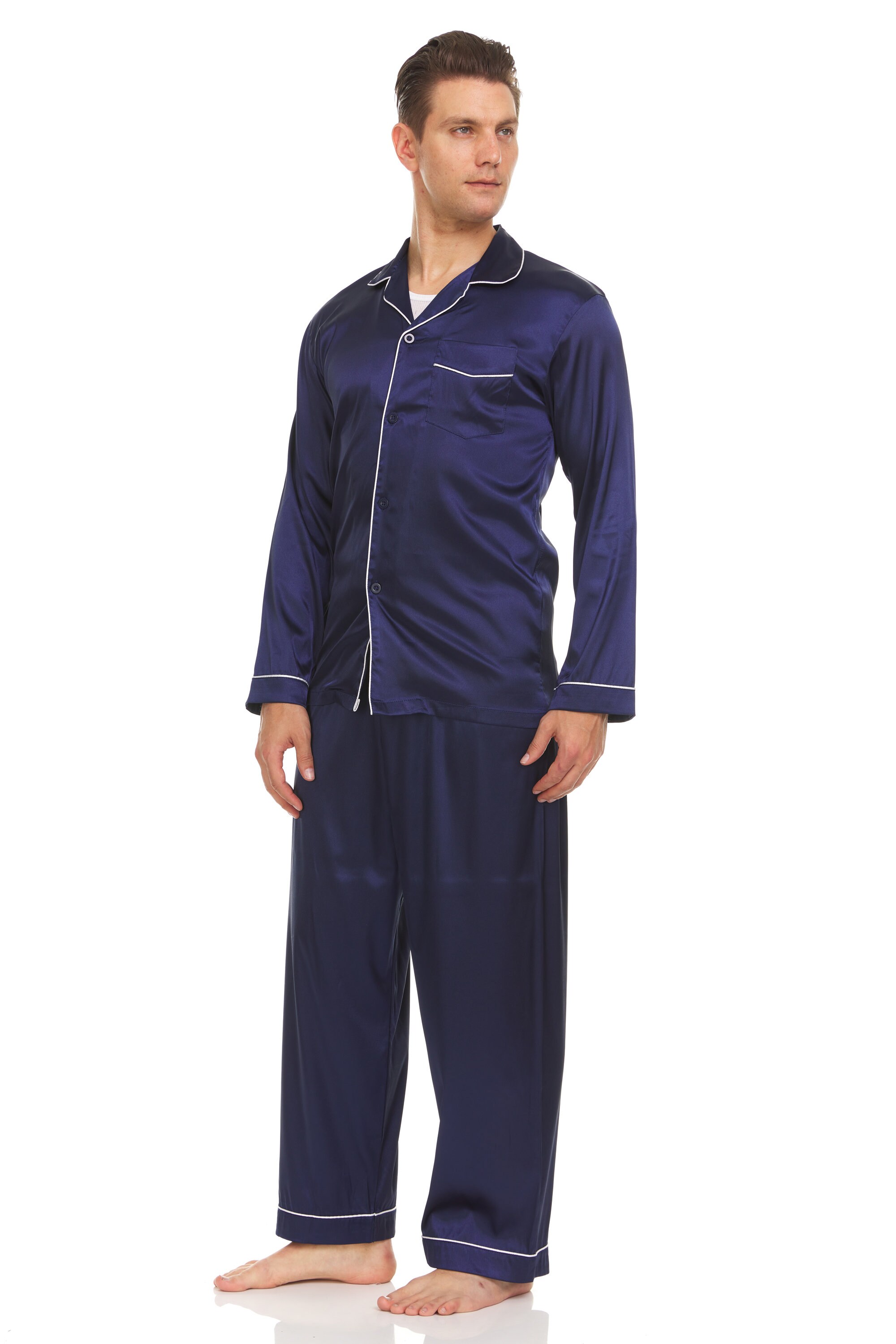 Kleding Herenkleding Pyjamas & Badjassen Sets witte bies marineblauw Heren zijden satijnen pyjama PJ Set boven en onder 