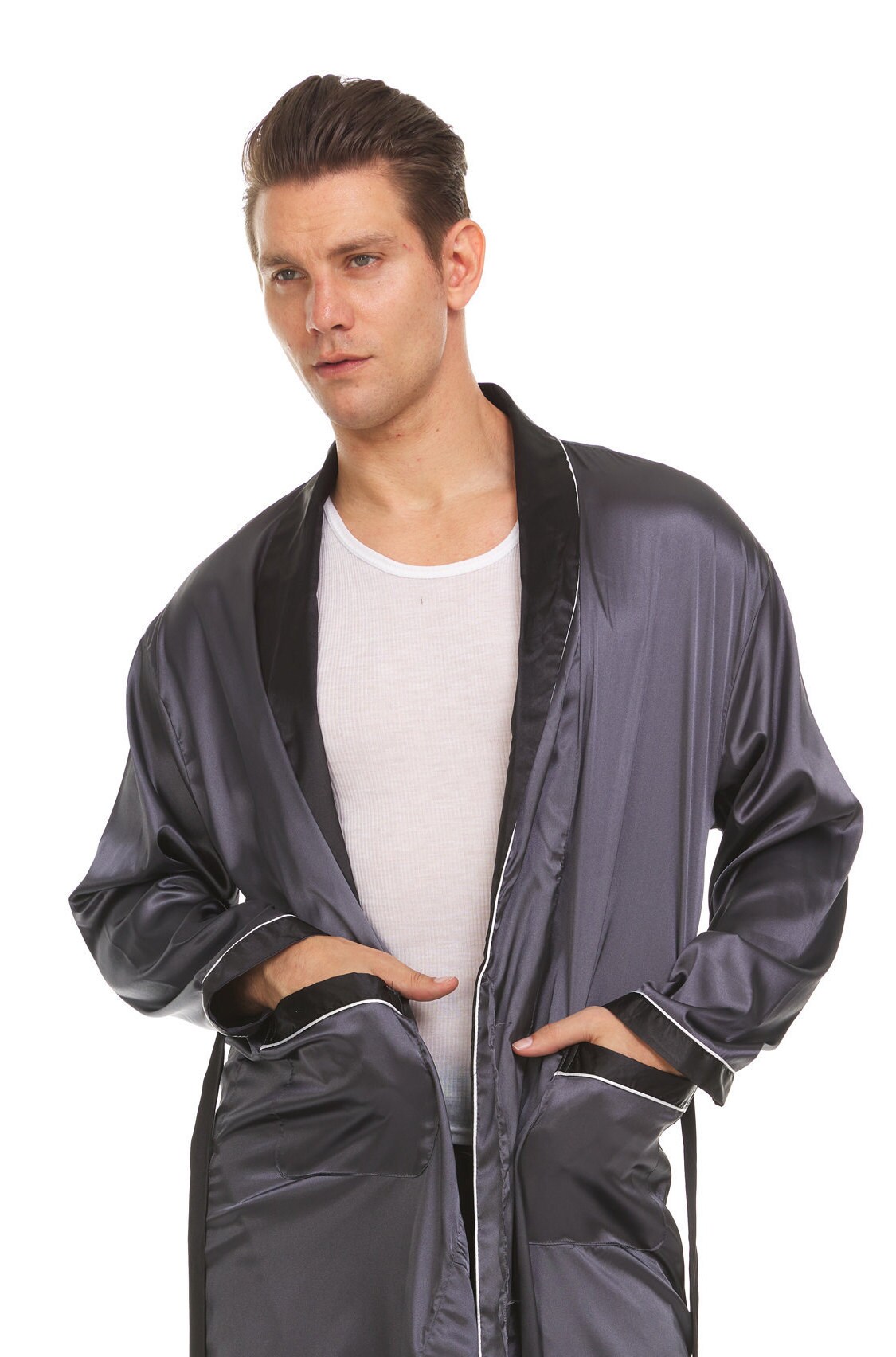 Grey Robe Men Mens Silk Satin Robe Grey Black Collar - Etsy
