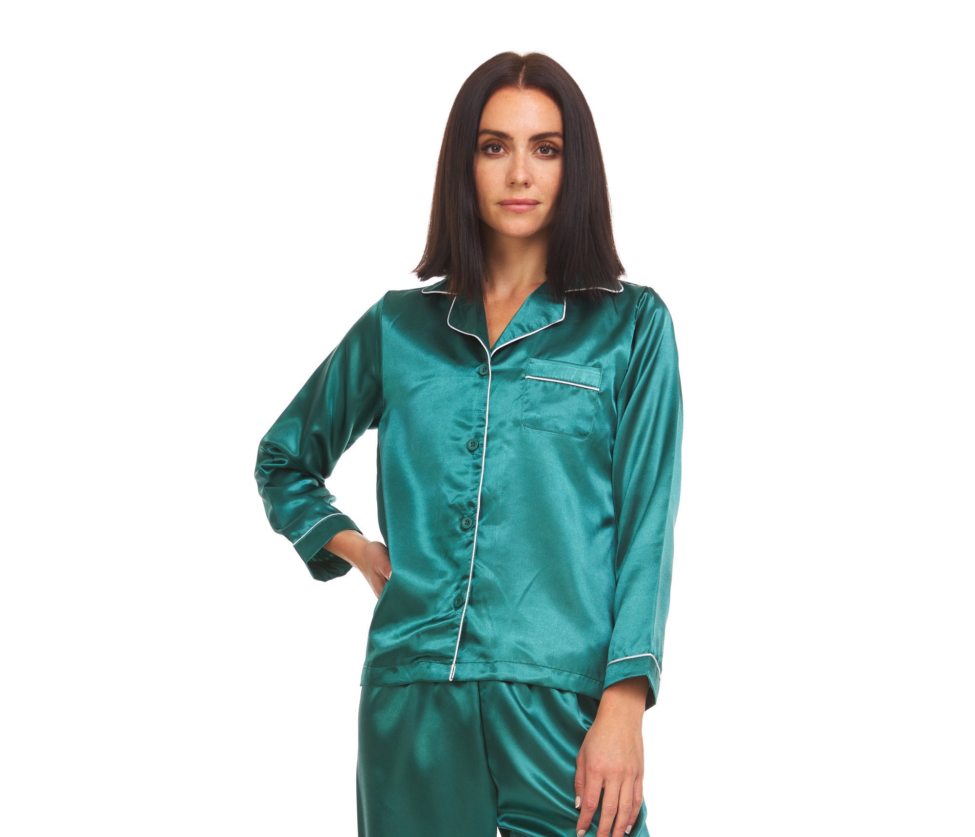 Womens Silk Satin Pajamas PJ Set Top 
