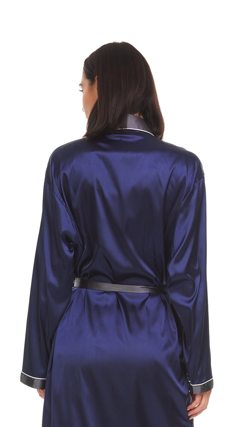 Women's Silky Satin Robe NAVY / GREY Collar NGC image 7