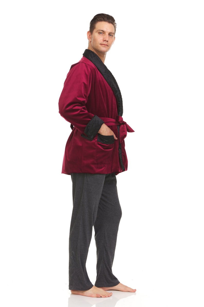 Mens Velvet Smoking Jacket Burgundy / Black Hand Made image 2