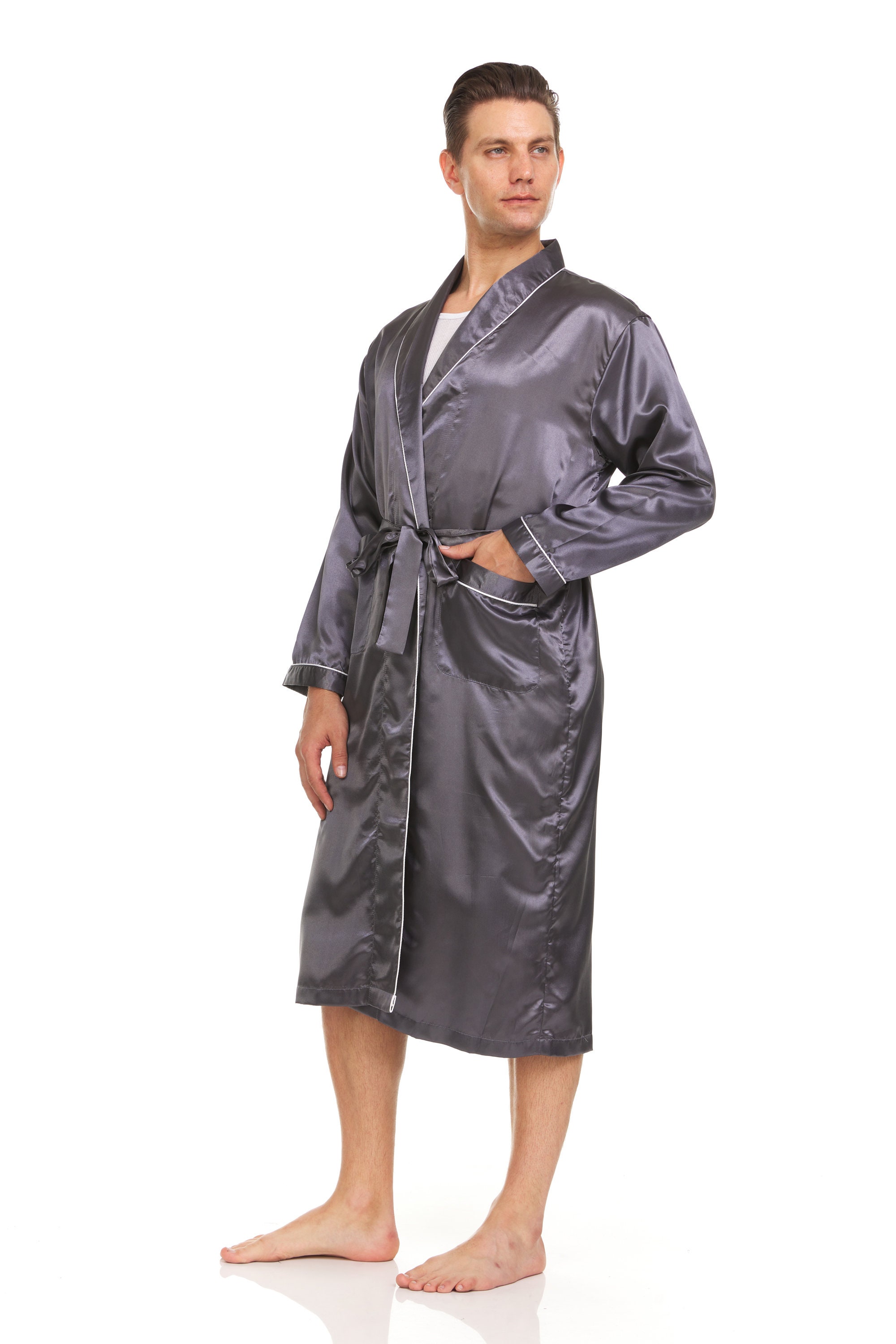 Mens Silk Satin Robe Grey Etsy
