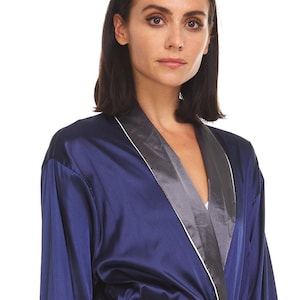 Women's Silky Satin Robe NAVY / GREY Collar NGC image 9