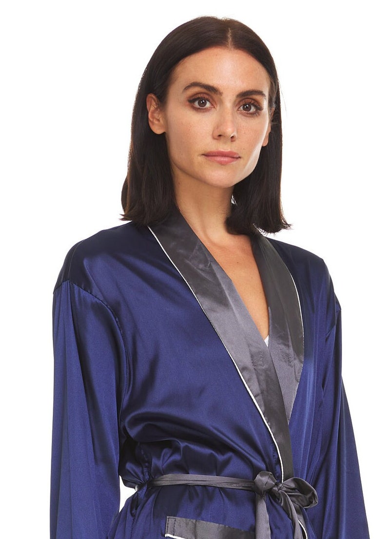 Women's Silky Satin Robe NAVY / GREY Collar NGC image 9