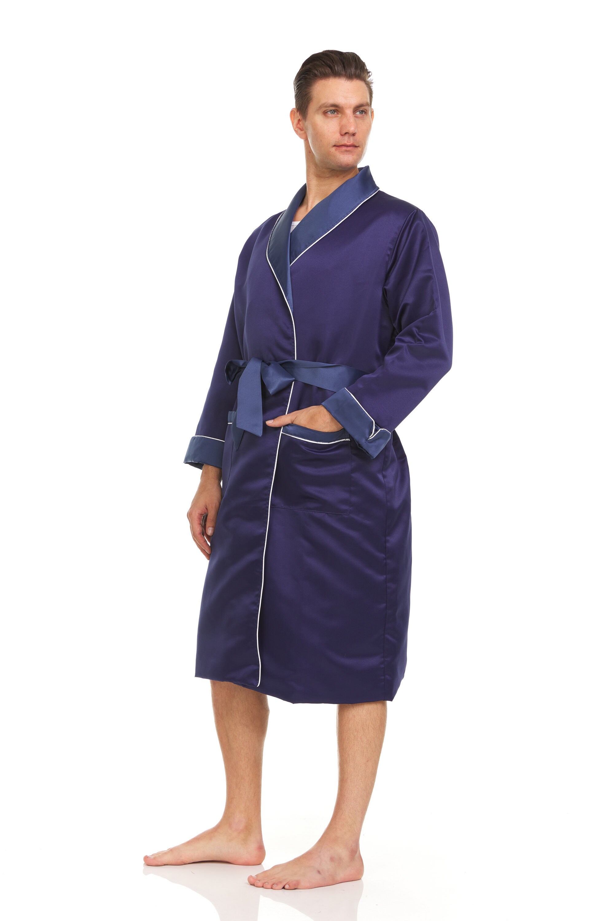 thumbnail image 2 of Men's Navy Heavy Weight Silk Satin Robe – Fully Lined – USA Designer 2 of 5