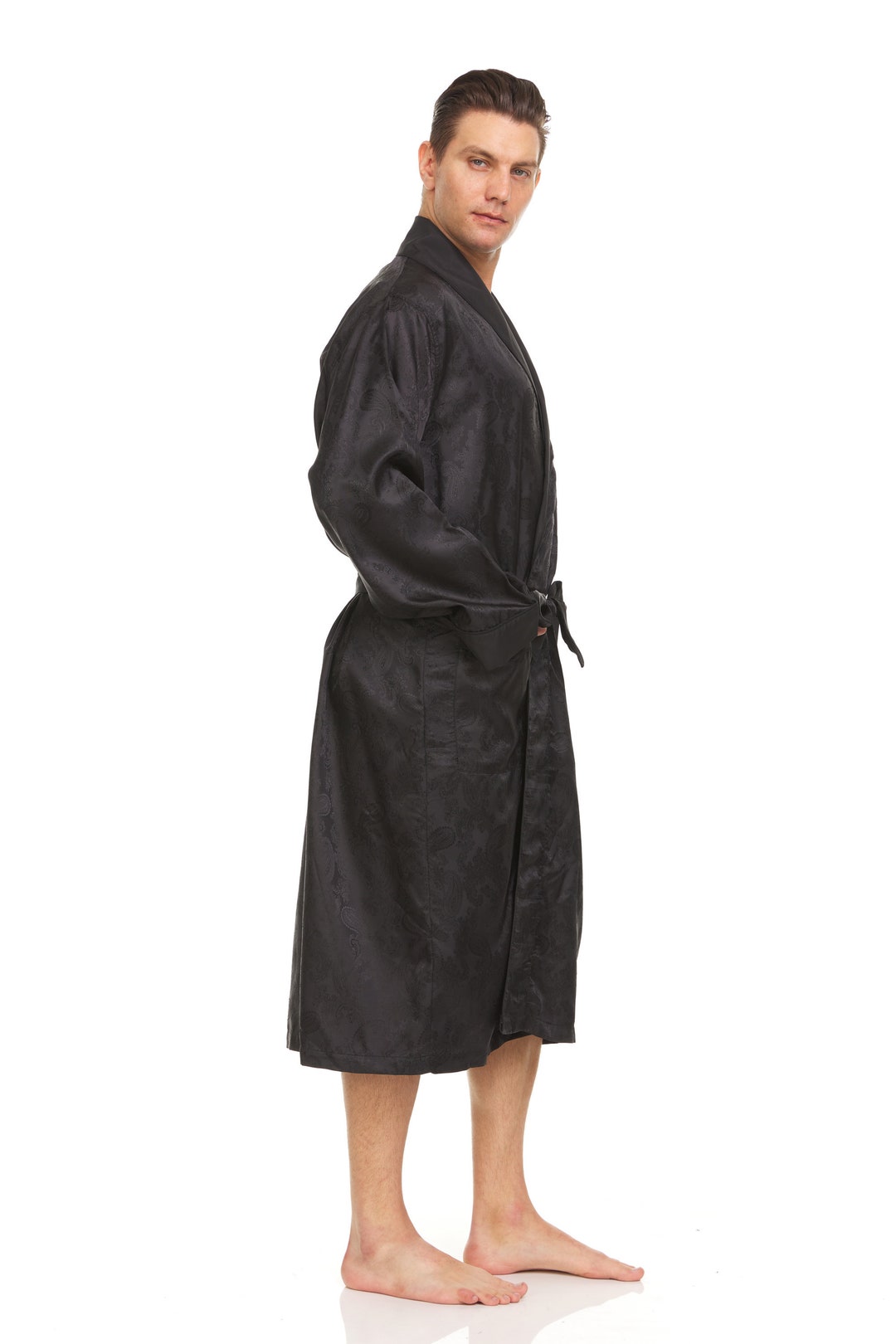 Mens Silk Satin Robe HEAVYWEIGHT Fully Lined Solid Black / Blue Piping