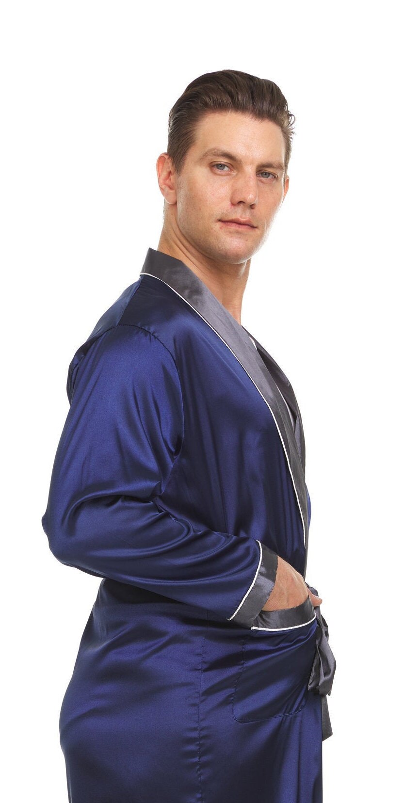 Men's Turquoise Robe Mens Silk Satin Robe Navy Shell / Grey Collar cuffs - Etsy