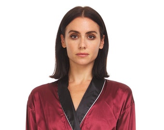Women's Silky Satin Robe  Burgundy / Black Collar  ( RBC )