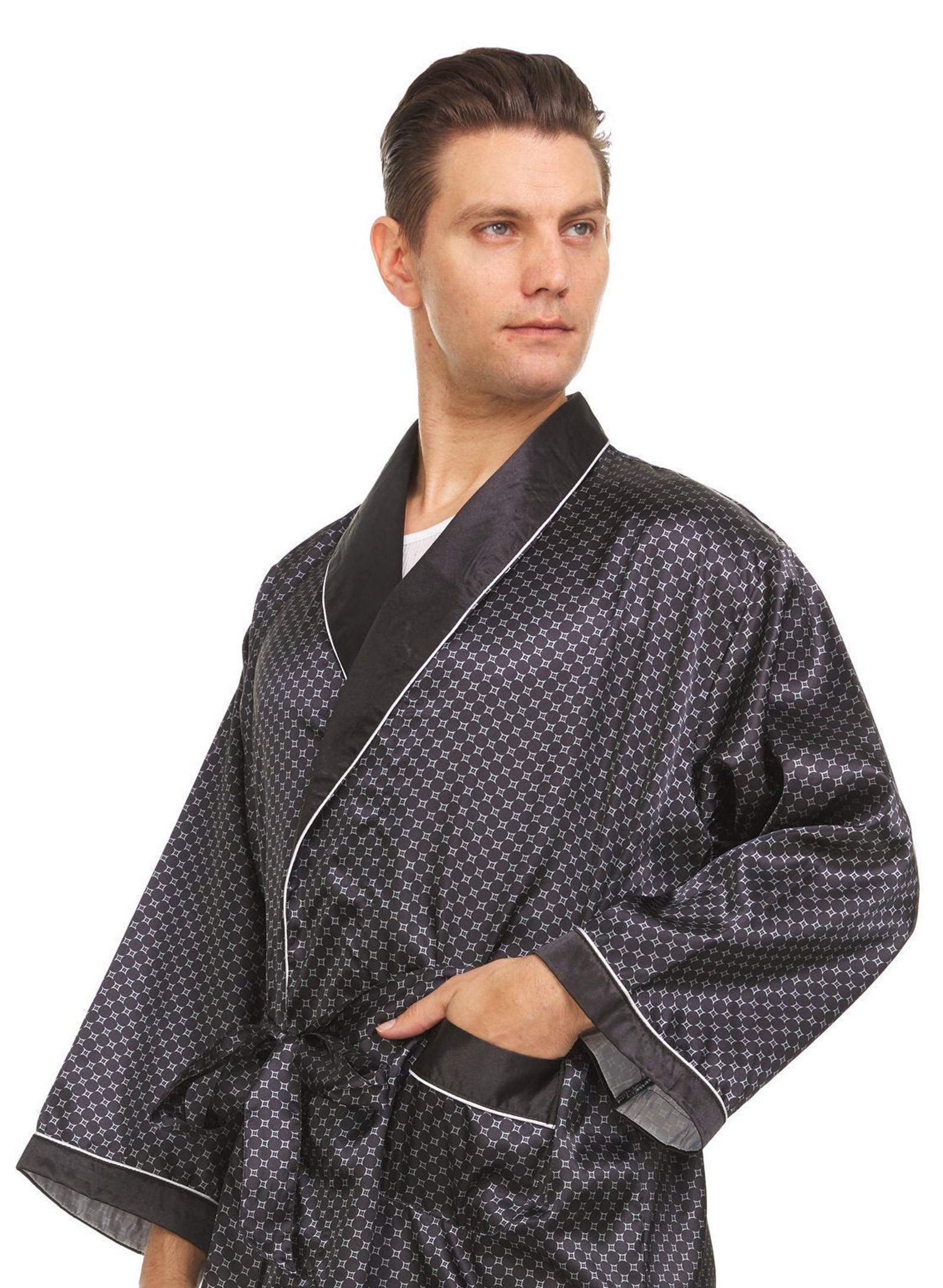Mens Silk Satin Robe Black Checker Etsy UK