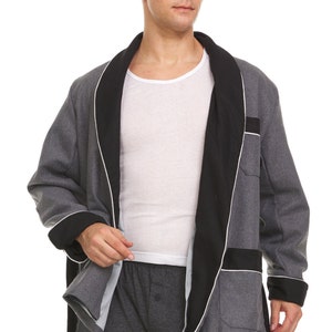 May include: A gray robe with a black satin collar and trim. The robe has a long sash and is worn over a white undershirt and gray pants.