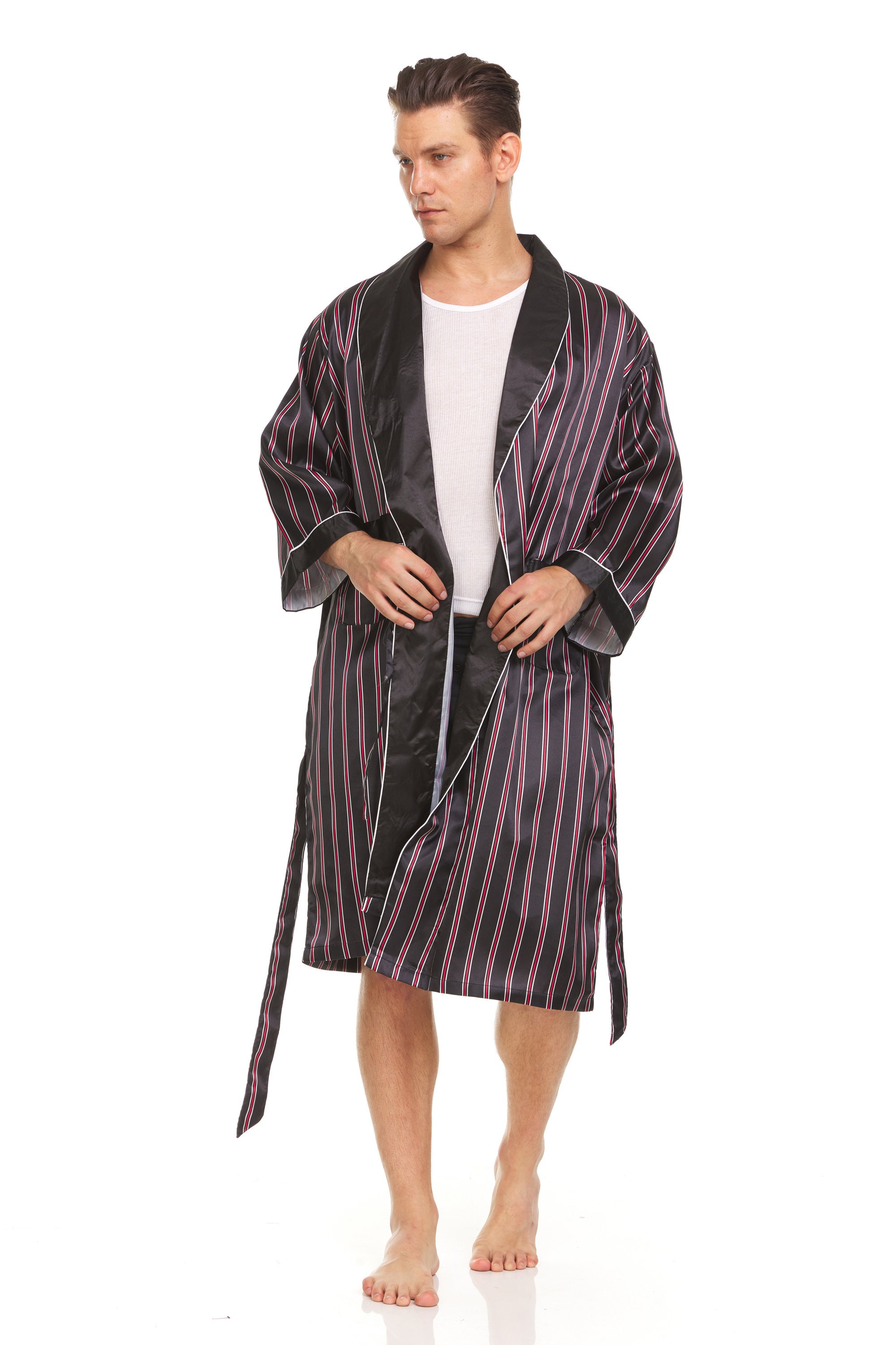 Mens Silk Satin Robe - Black - Burgundy - White Stripe - Etsy