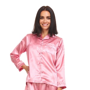 Womens Silk Satin Pajamas PJ Set Top and Bottom Pink White Piping - Etsy