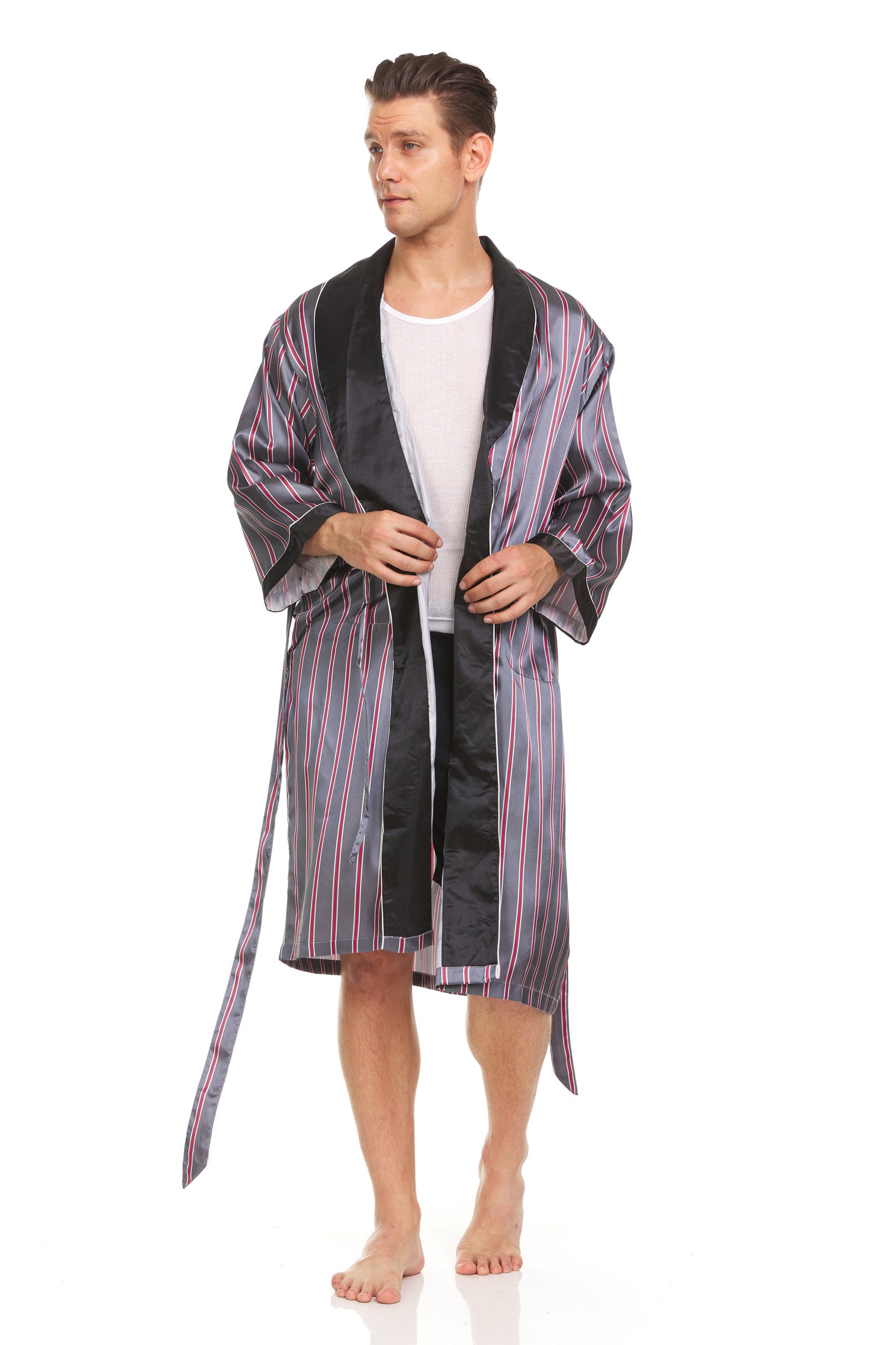 Mens Silk Satin Robe Stripe Grey Etsy