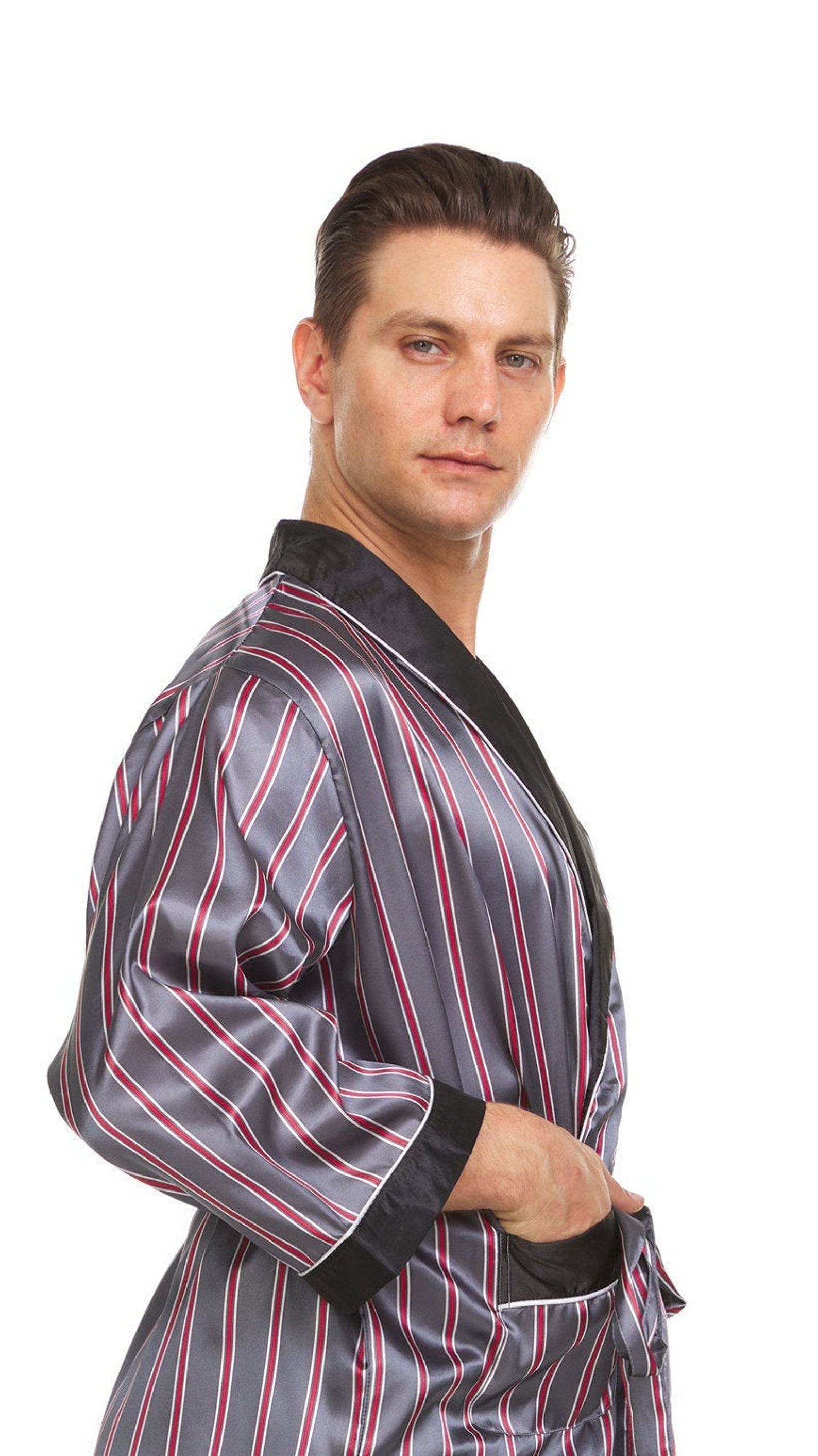 Mens Silk Satin Robe Stripe Grey Etsy