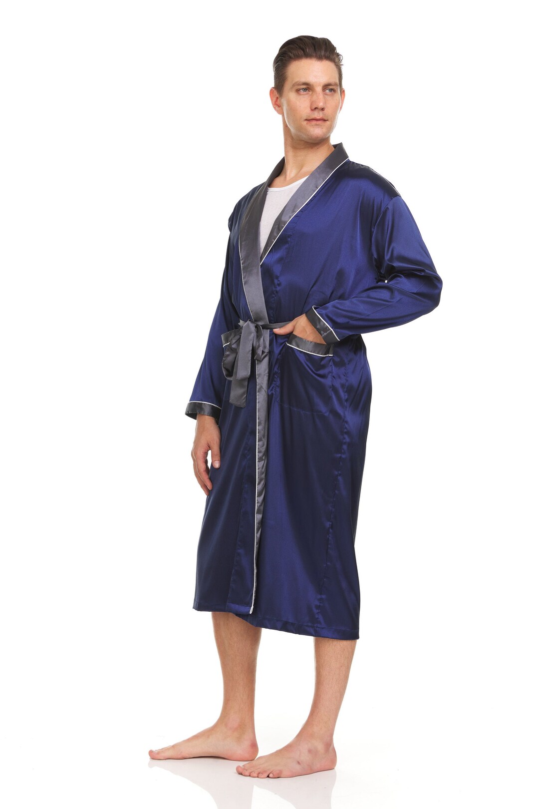 Mens Silk Satin Robe - Navy Shell / Grey Collar -cuffs - Etsy