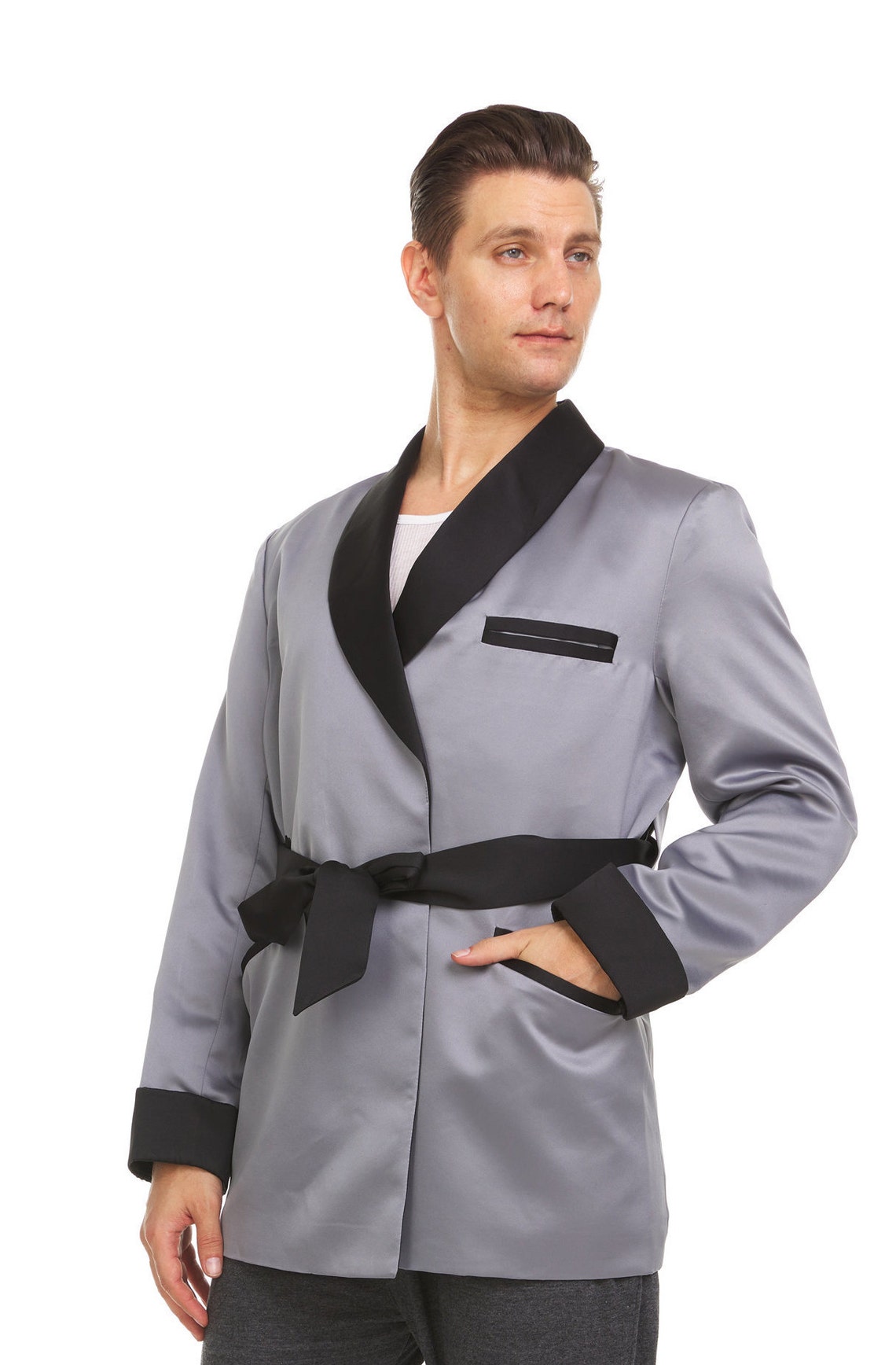 Mens Silk Satin Smoking Jacket Silver Etsy