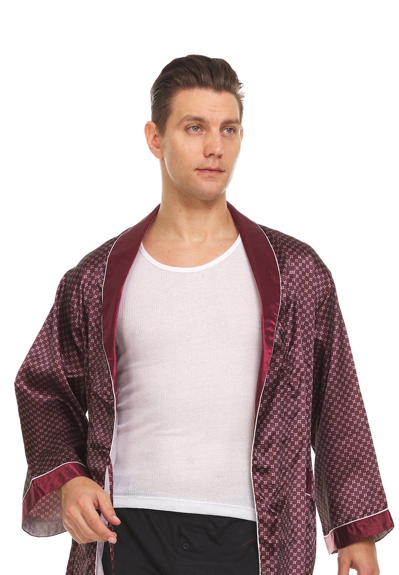 Mens Silk Satin Robe Burgundy Checker Etsy