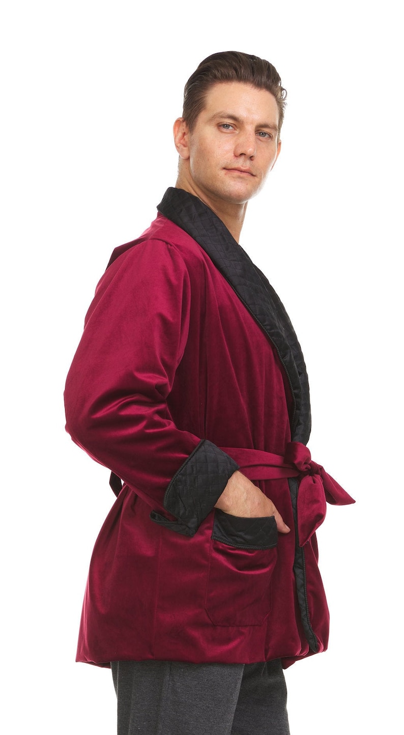 Mens Velvet Smoking Jacket Burgundy / Black Hand Made image 5