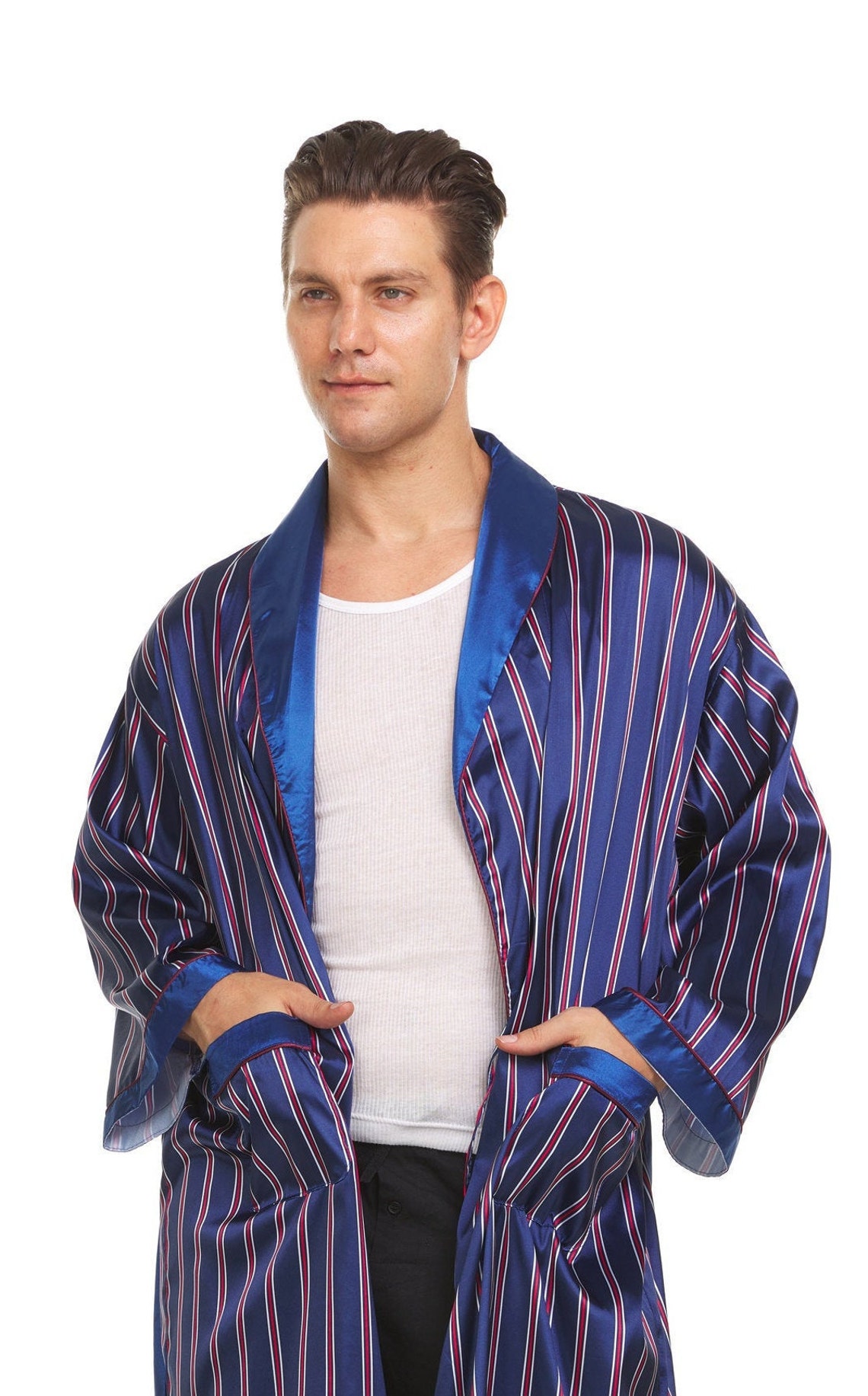 Men's Silk Satin Robe Royal Blue Purple White Stripe Etsy