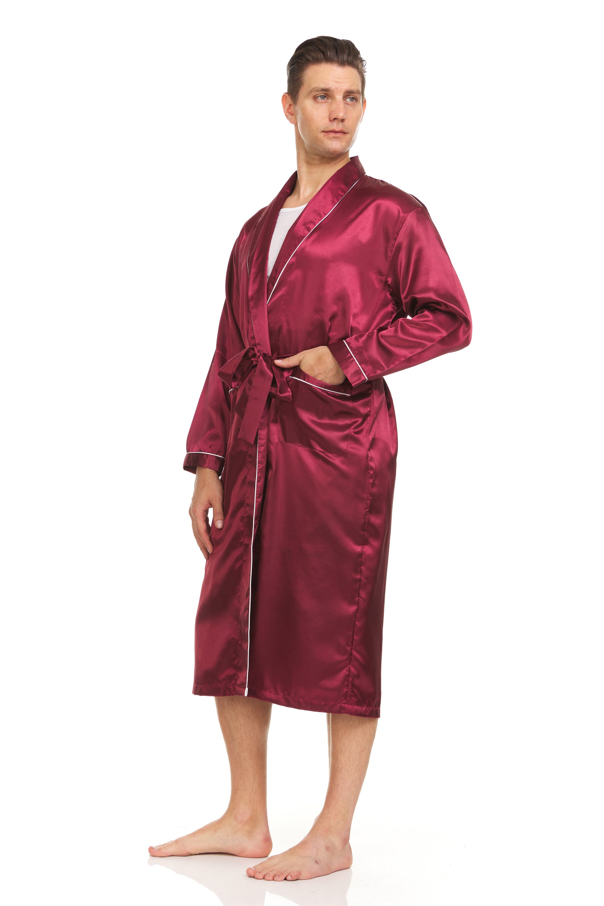 mens burgundy silk robe