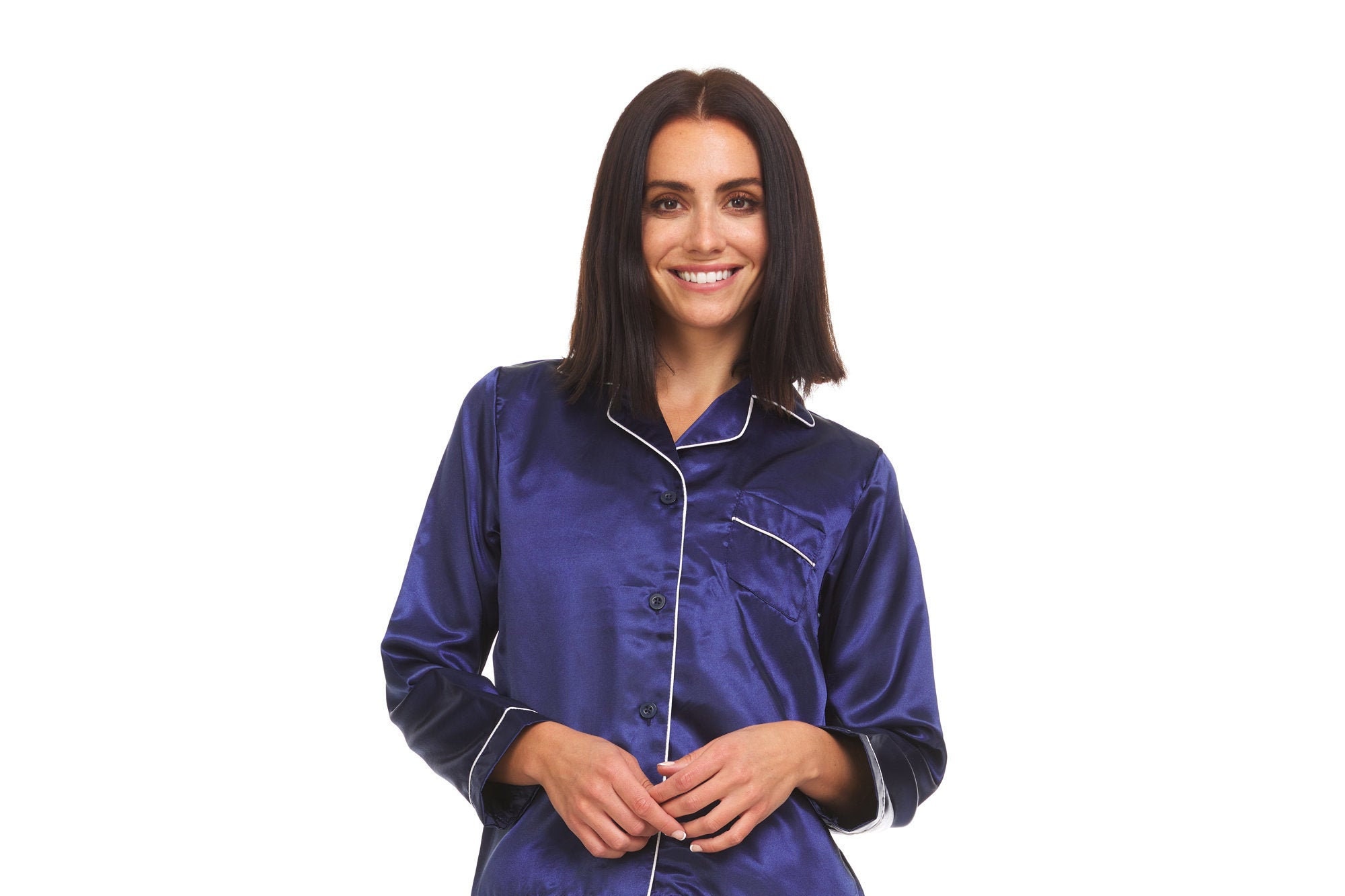 Navy pajamas with white piping sale