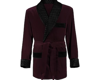 Mens Velvet Burgundy Smoking Jacket - Embroidered Lapel and Cuffs -Hand Made