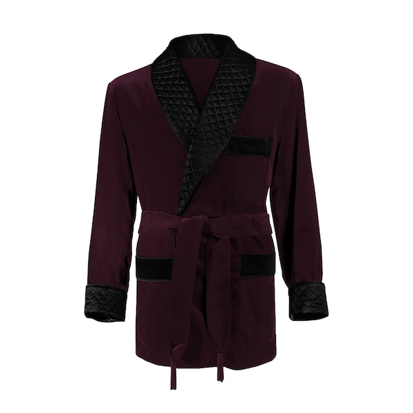 Mens Velvet Burgundy Smoking Jacket - Embroidered Lapel and Cuffs -Hand Made