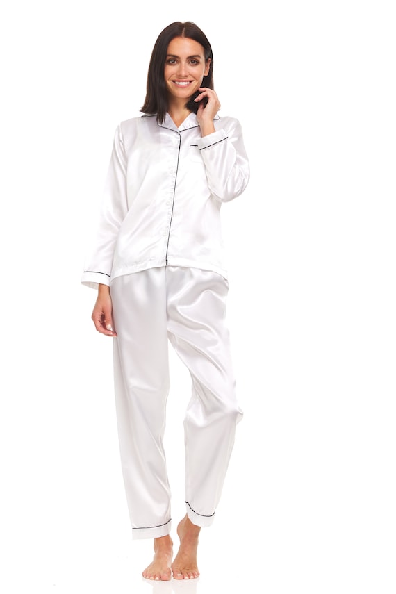 Womens Silk Satin Pajamas PJ Set Top and Bottom White Black Piping Etsy Canada