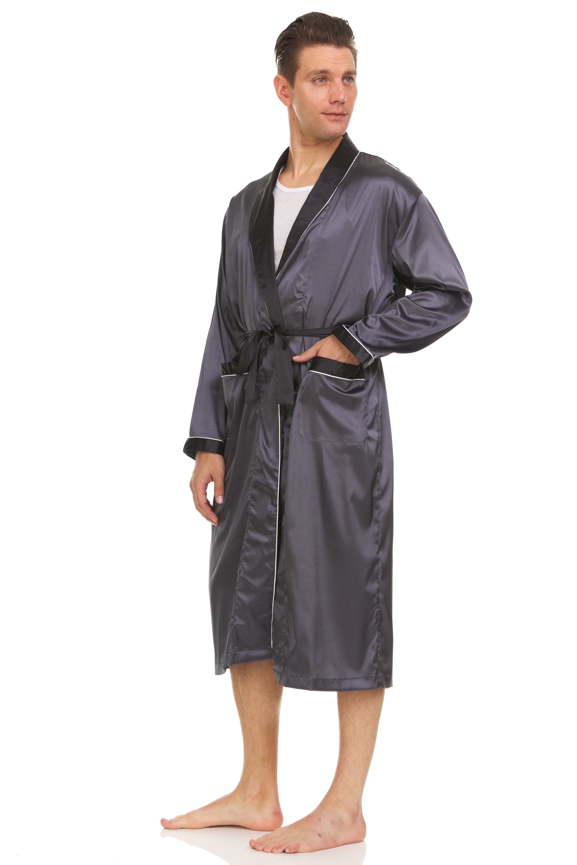 Mens Silk Satin Robe - Grey Shell Black Collar & Cuffs