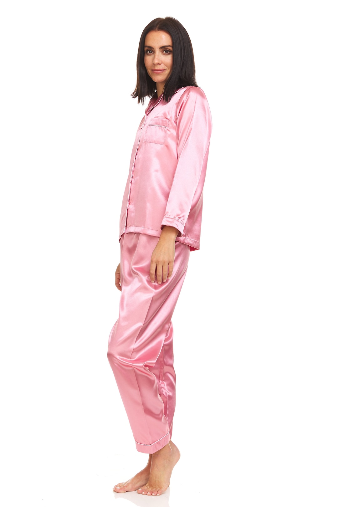 Womens Silk Satin Pajamas PJ Set Top and Bottom Pink White