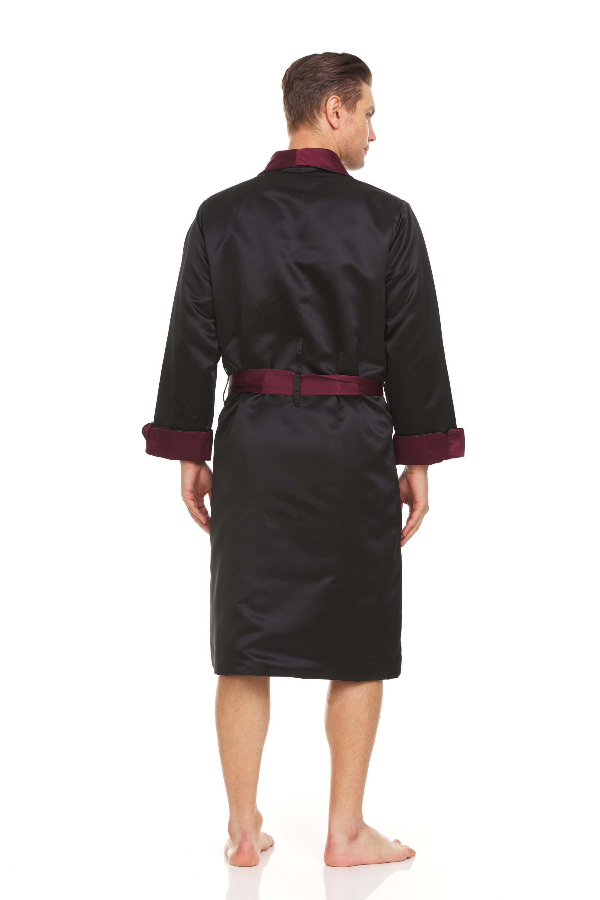 Mens Silk Satin Robe Heavy Weight Fully Lined BLACK / Burgundy 