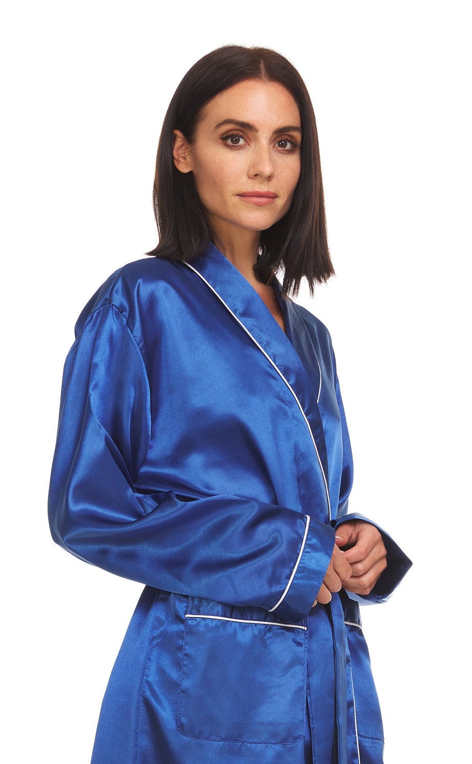 Women's Silky Satin Robe Blue / White Piping - ( SR-BLU ) Women's Silky Satin Robe Blue / White Piping - ( SR-BLU )