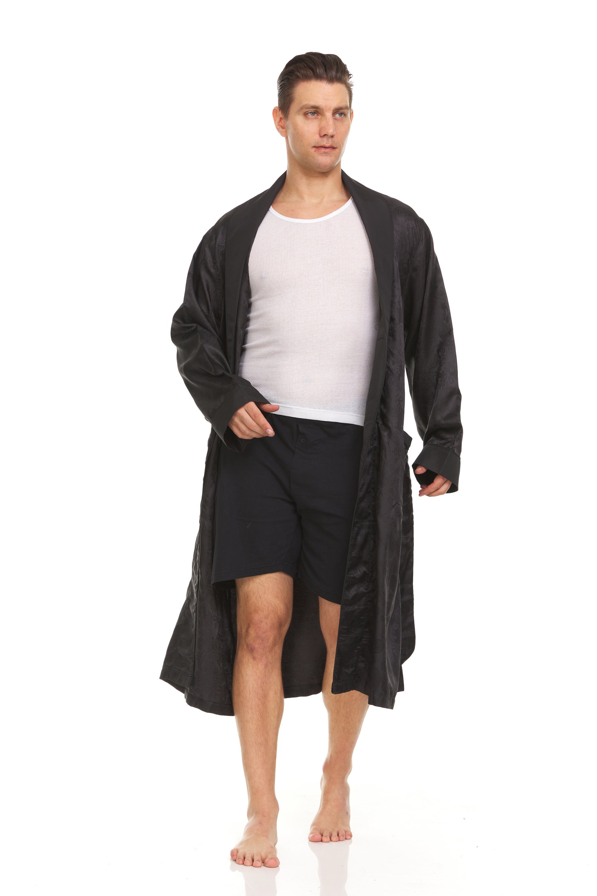 thumbnail image 2 of Men's Navy Heavy Weight Silk Satin Robe – Fully Lined – USA Designer 2 of 5