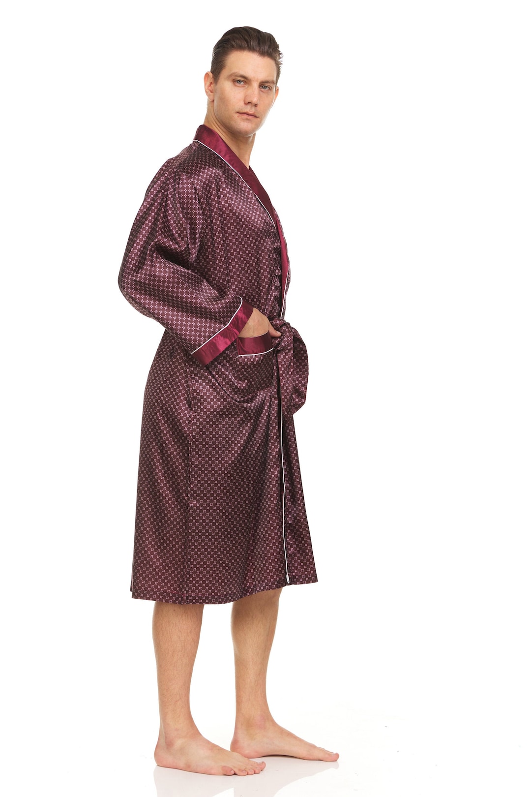 Mens Silk Satin Robe Burgundy Checker Etsy