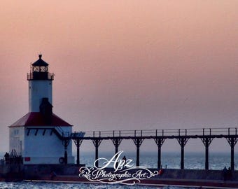 Lighthouse at Sunset – Coastal Wall Art Print | Michigan City Indiana Photography | Harbor Pier Light