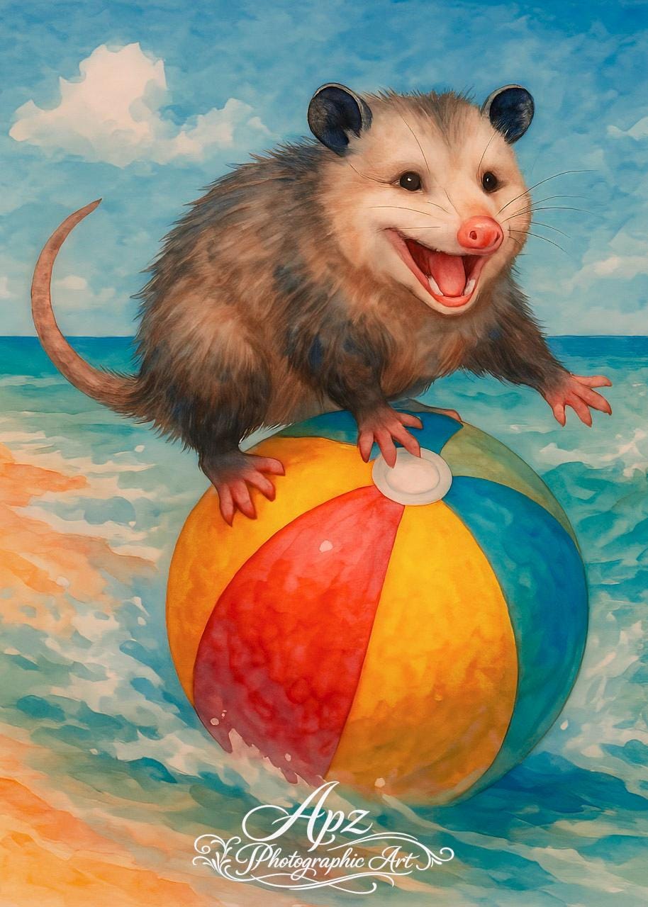 Surf's Up, Possum! – Watercolor Beach Day Adventure | Photo Print