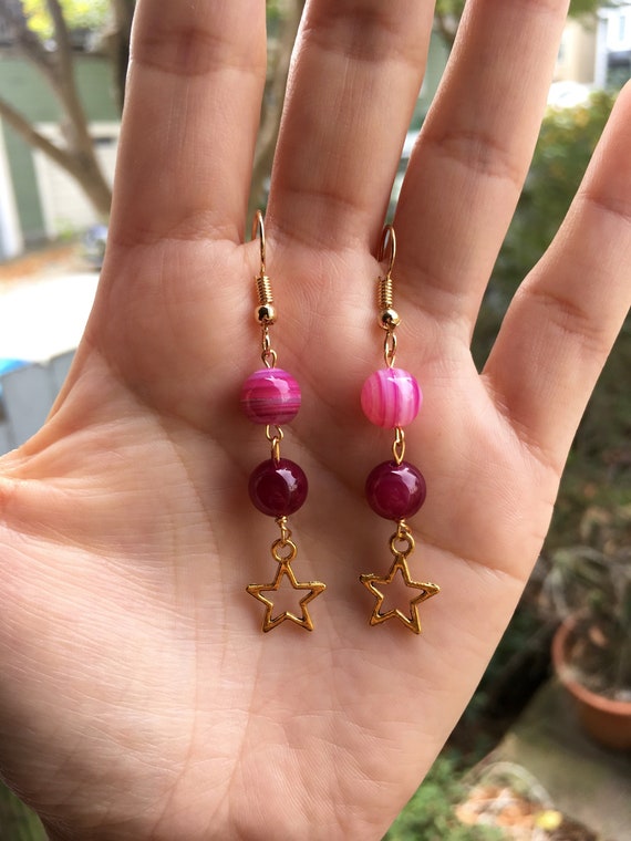 Rose Stripe Agate Earrings in Gold Star Charm Great for Gifting