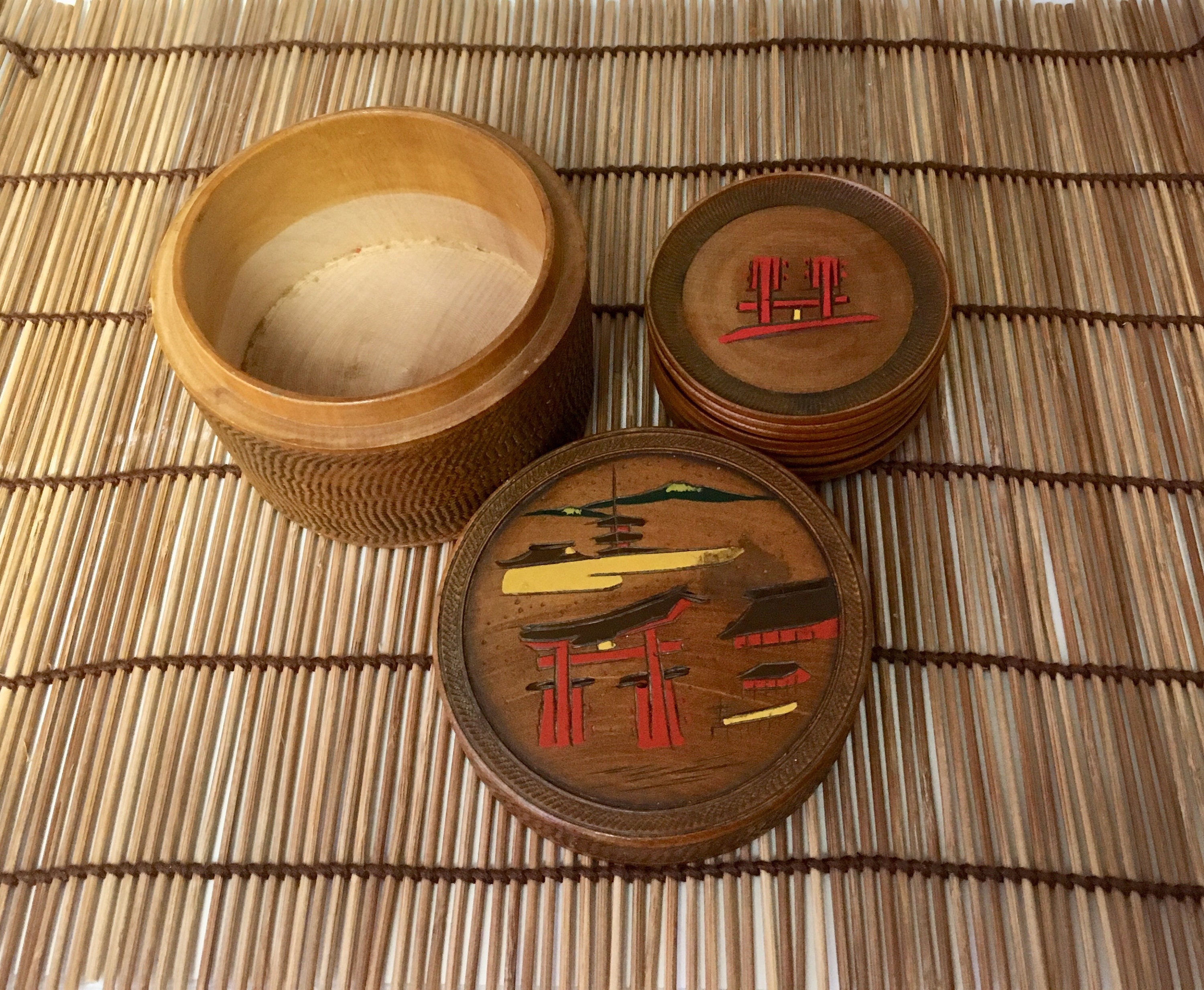 Japanese coasters set with wooden box coasters with holder Etsy