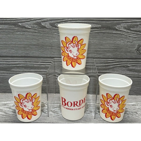 Borden Elsie the Cow Vintage Plastic Cups Set of 4 Retro Glasses 4.25”