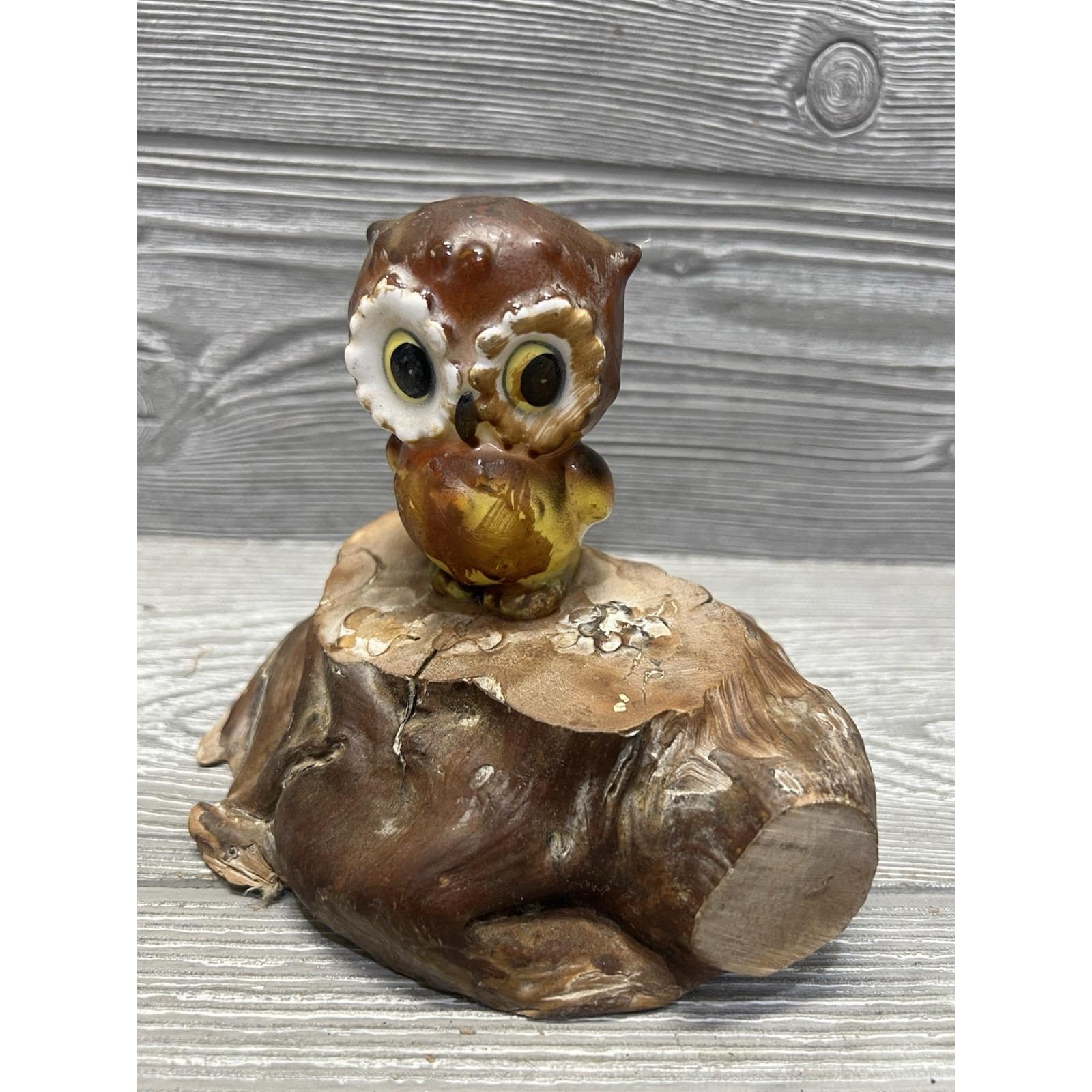 Vintage Ceramic Brown Owl Shaker Mounted on Wood  6&rdquo; X 6&rdquo; X 5&rdquo; Rustic Retro