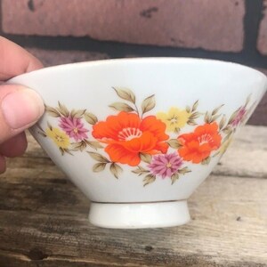 Vintage Small Porcelain Floral Bowl, Bright Orange Flower Design, MCM, Gold Rim