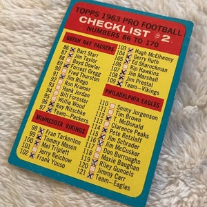 1963 Topps Football Checklist, NFL, Football Cards, Authentic Original