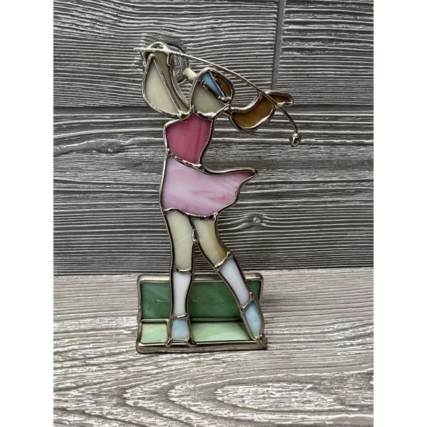 Vintage Stained Glass Suncatcher Woman Golfer Display Business Card Holder 6.25”