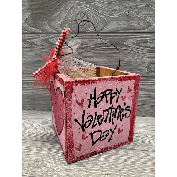 Vintage Valentine’s Day Hand Painted Wooden Box  6” Square Love Rustic Holiday
