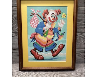Vintage Kitschy Clown Paint by Number Painting Wood Framed Fun Colorful