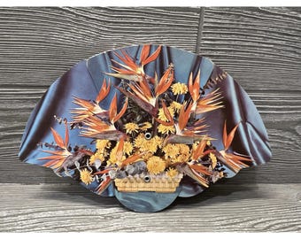 Vintage 1960s Folding Picture Fan Bird of Paradise Floral Stop Forest Fires