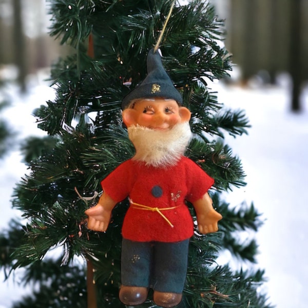 Vintage Plastic Christmas Elf Ornament, 6”, Japan, Retro Kitschy Holiday Decor