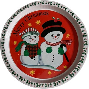 Vintage Snowman Couple Christmas Round Tin Tray, Retro Holiday Serving Dish, 12.5”