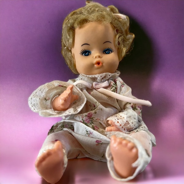 Vintage Hard Plastic Baby Doll, 9 1/2” inches, Rubber Face, Rooted Hair, Posable